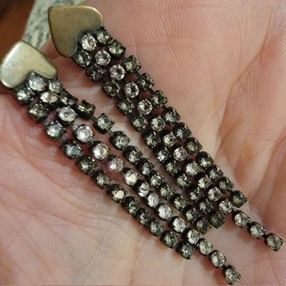 Sabika Black Diamond & Clear Tiara Crystals Silver Heart Dangle Earrings 2.25" - Picture 3 of 6